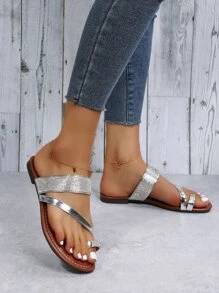 水鑽細節平底夾趾涼鞋 - 銀色 - 查看 3