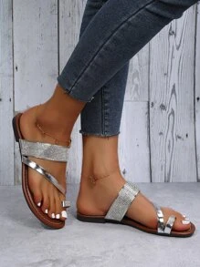 水鑽細節平底夾趾涼鞋 - 銀色 - 查看 4