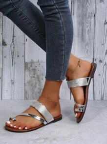 水鑽細節平底夾趾涼鞋 - 銀色 - 查看 7