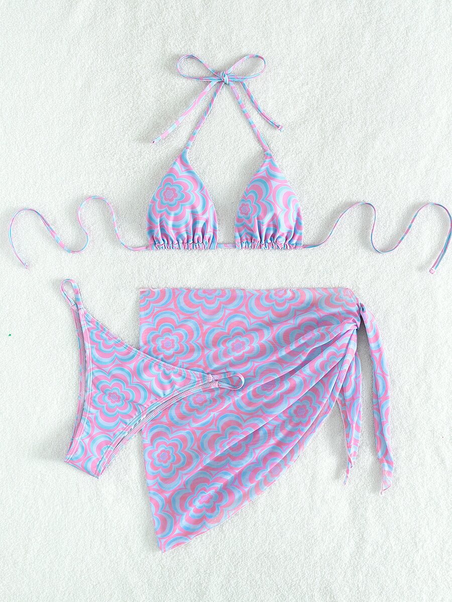 花卉頸帶三角比基尼連海灘裙 - 紫色 - 查看 1