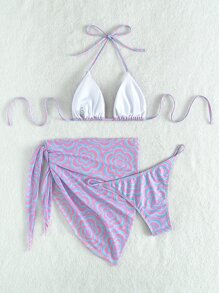 花卉頸帶三角比基尼連海灘裙 - 紫色 - 查看 2