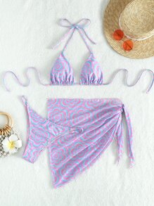 花卉頸帶三角比基尼連海灘裙 - 紫色 - 查看 3