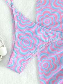 花卉頸帶三角比基尼連海灘裙 - 紫色 - 查看 6