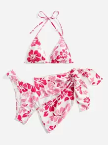Swim Mod 花卉圖案比基尼套裝吊脖微三角形文胸和泳衣下裝和罩衫半身裙3入組泳衣