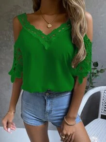 SHEIN Clasi Cold Shoulder Guipure Lace Blouse - Green - View 3