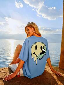 SHEIN Unity Slogan & Expression Print Drop Shoulder Tee - Dusty Blue - View 3