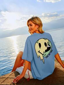 SHEIN Unity Slogan & Expression Print Drop Shoulder Tee - Dusty Blue - View 4