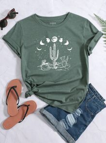 SHEIN LUNE Cactus & Moon Print Tee - Dark Green - View 1