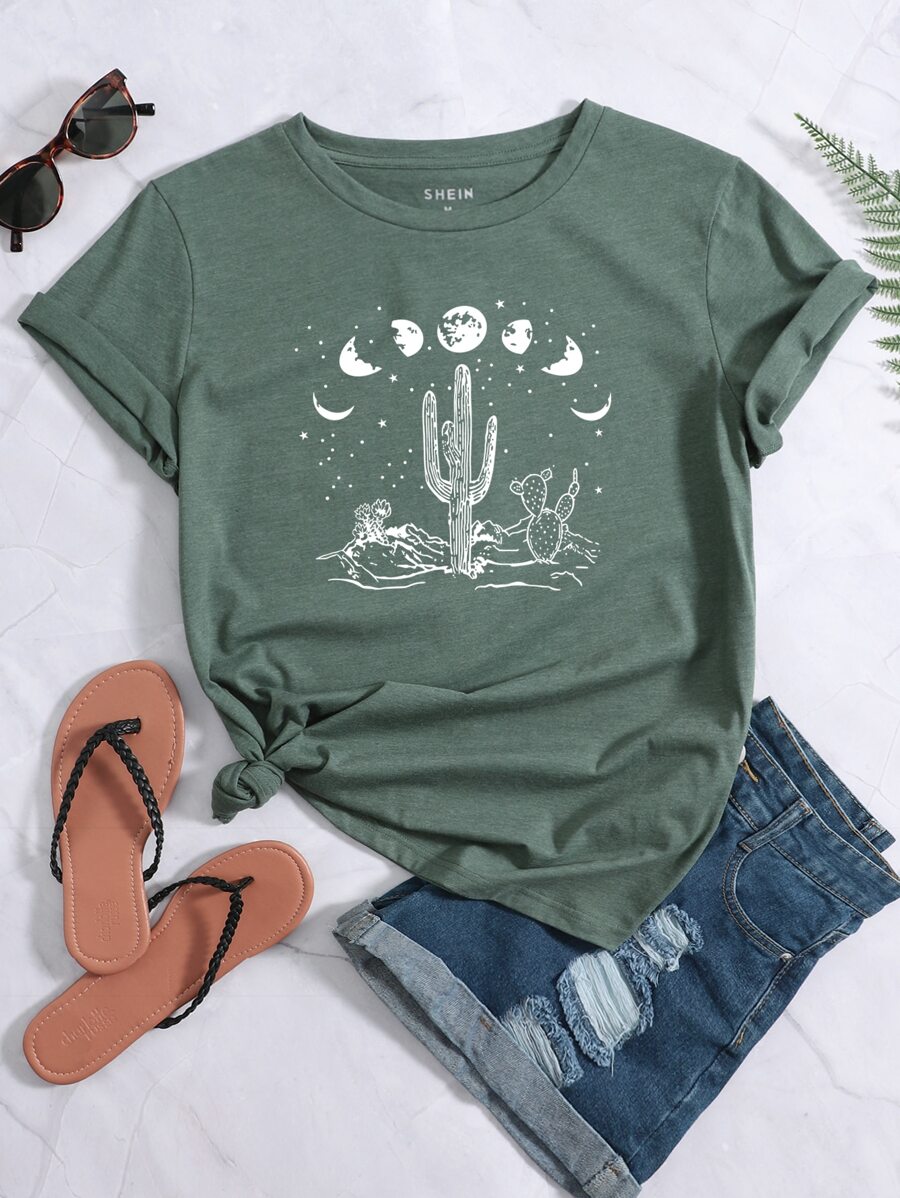 SHEIN LUNE Cactus & Moon Print Tee - Dark Green - View 1