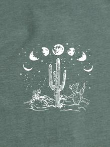 SHEIN LUNE Cactus & Moon Print Tee - Dark Green - View 3