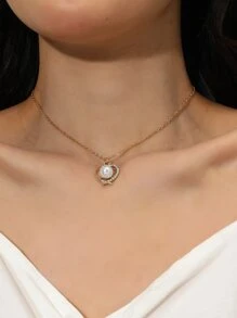 Collar con diseño de perla artificial con diamante de imitación con accesorio de corazón - Amarillo Oro - Ver 1