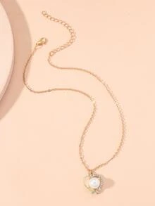 Collar con diseño de perla artificial con diamante de imitación con accesorio de corazón - Amarillo Oro - Ver 2