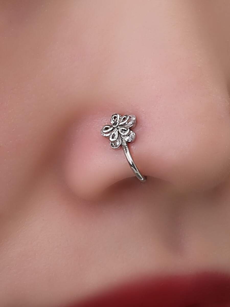Nooxian 1件装女士微镶花朵鼻环，流行个性化花朵鼻钉及鼻夹，情人节、妈妈、母亲节礼物 - 銀色 - 查看 1