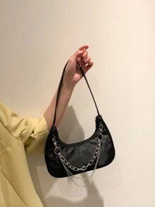 Túi đeo vai nữ thời trang có dây xích, Túi đeo vai hình lưỡi liềm, Túi xách nữ phong cách Punk, Ví nữ trang trí bằng dây xích kim loại - màu đen - Xem 2