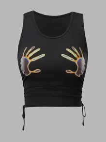 SHEIN Unity 90s Hands Print Drawstring Tank Top Graphic Tees Women Tops - Black - View 1