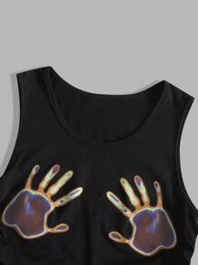 SHEIN Unity 90s Hands Print Drawstring Tank Top Graphic Tees Women Tops - Black - View 5