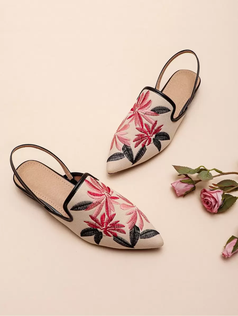Fall/Winter Women Floral Embroidered Flats, Point Toe Slingback Flats - Multicolor - View 1