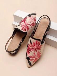 Fall/Winter Women Floral Embroidered Flats, Point Toe Slingback Flats - Multicolor - View 5