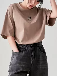 DAZY Cartoon & Letter Embroidery Drop Shoulder Tee - Khaki - View 6