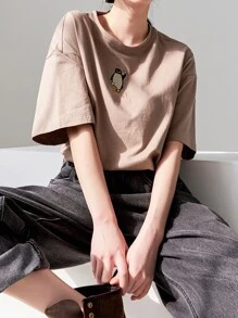 DAZY Cartoon & Letter Embroidery Drop Shoulder Tee - Khaki - View 1