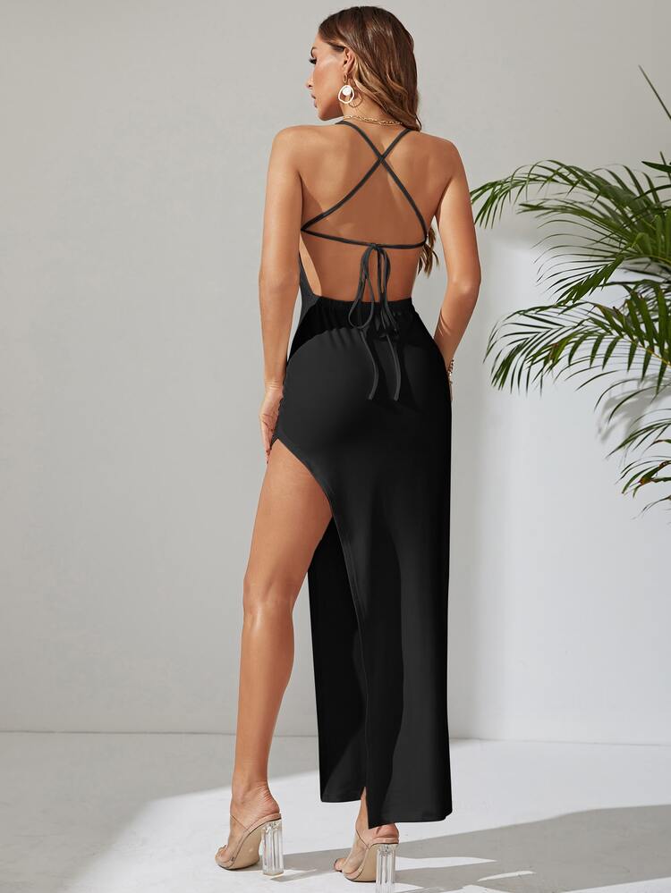criss cross tie backless split thigh dress Black Lace Applique High Slit Criss Cross Back Mermaid Prom Dress Black / 00