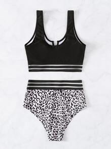 豹紋對比網眼V型有線比基尼泳衣 - 黑與白 - 查看 3