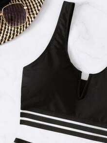 豹紋對比網眼V型有線比基尼泳衣 - 黑與白 - 查看 4