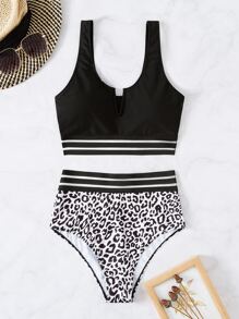 豹紋對比網眼V型有線比基尼泳衣 - 黑與白 - 查看 7