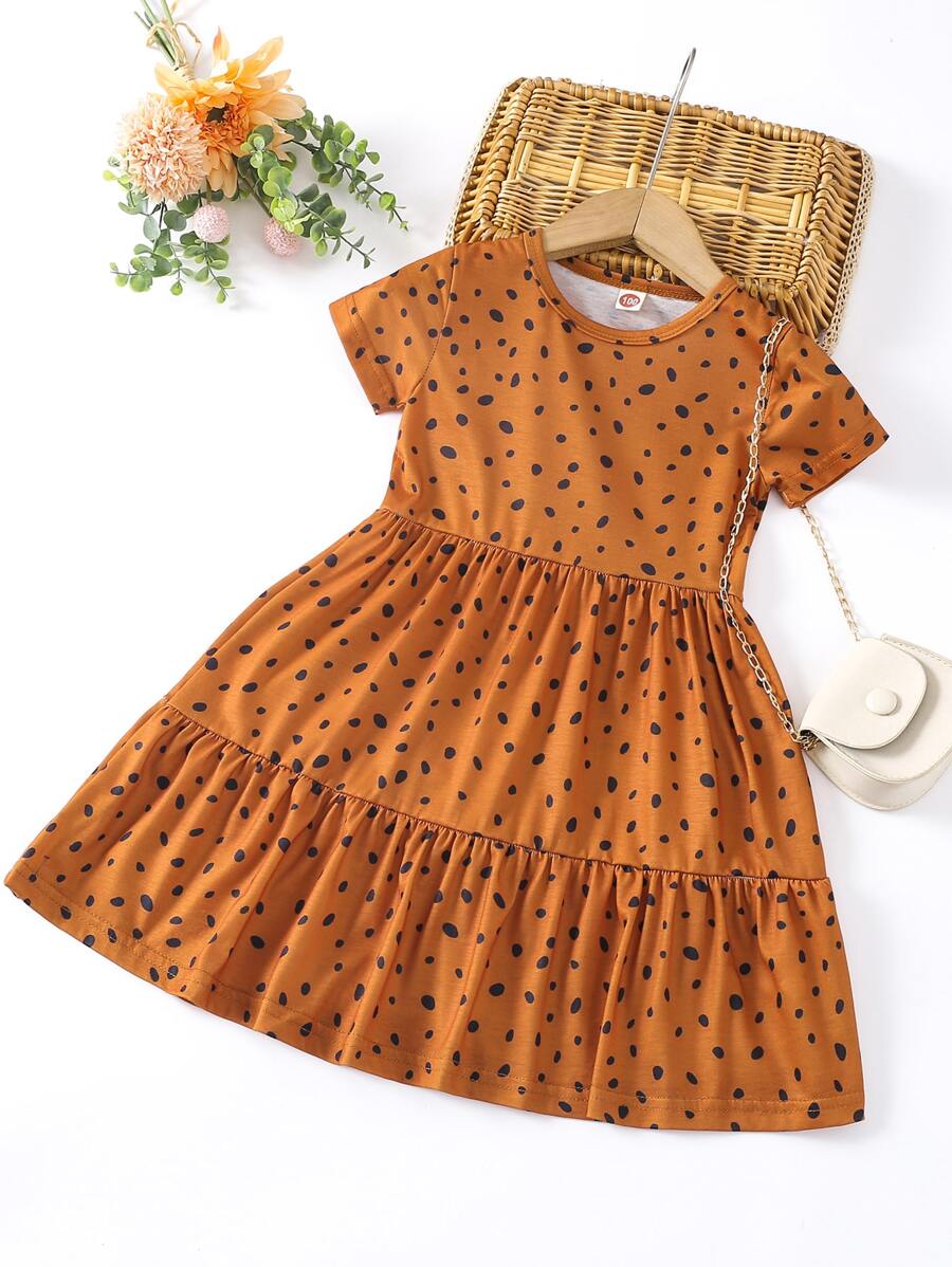 SHEIN Toddler Girls Dalmatian Ruffle Hem A-line Dress - Brown - View 1