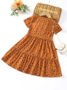 SHEIN Toddler Girls Dalmatian Ruffle Hem A-line Dress - Brown - View 2