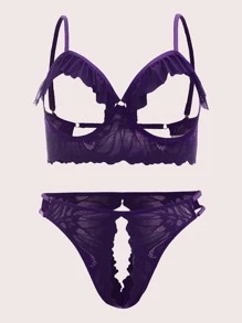 Set de lencería con encaje floral con abertura ribete con fruncido con aro - Morado - Ver 1