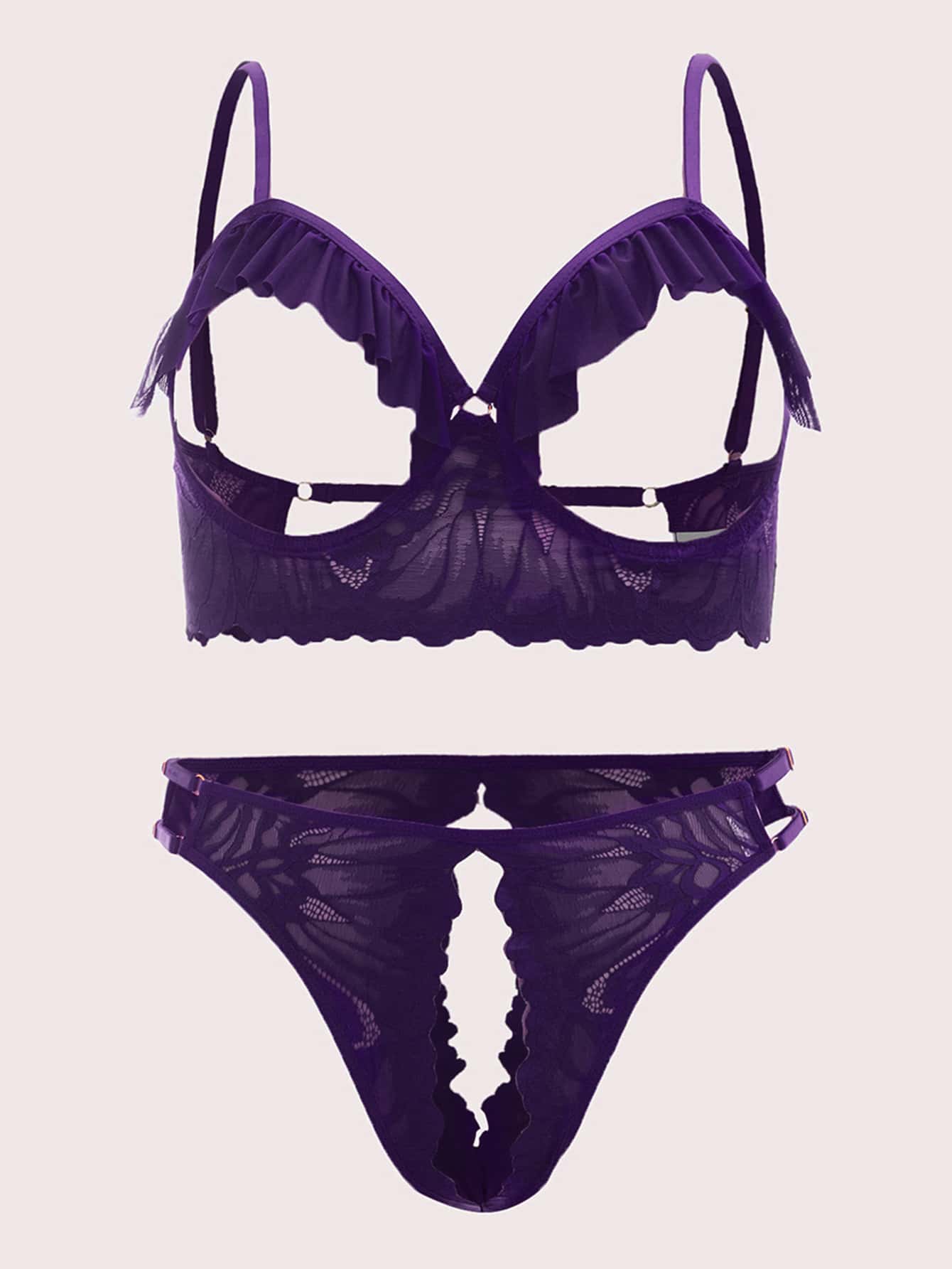 Set de lencería con encaje floral con abertura ribete con fruncido con aro - Morado - Ver 1