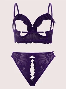 Set de lencería con encaje floral con abertura ribete con fruncido con aro - Morado - Ver 2