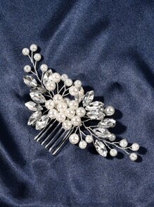 1件手工新娘仿珍珠水晶发梳发夹，婚礼发饰，女士情人节配饰