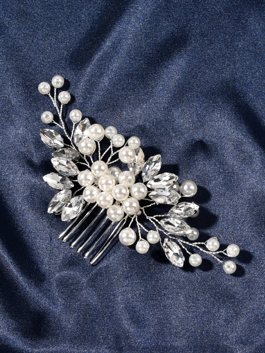 1件手工新娘仿珍珠水晶发梳发夹，婚礼发饰，女士情人节配饰