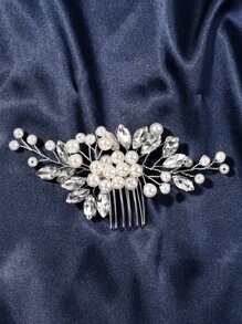 1件手工新娘仿珍珠水晶发梳发夹，婚礼发饰，女士情人节配饰