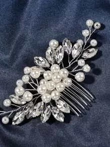 1件手工新娘仿珍珠水晶发梳发夹，婚礼发饰，女士情人节配饰