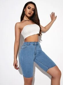 Flexra Solid Skinny Stretchy Knit Denim Shorts - Light Wash - View 5