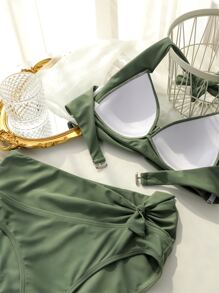 SHEIN Swim Đơn sắc Bộ Bikini Xoắn Nút Dây Push-Up Áo & Nút ven Cao eo Đáy 2 mảnh Áo bơi - xanh quân đội - Xem 2
