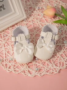 1pair Infant Girls' Flat Princess Casual Shoes With Bow Decoration - White - View 1