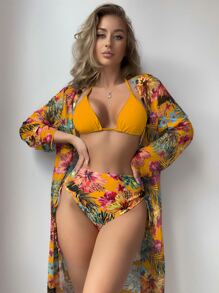 SHEIN Swim Summer Beach Tropical Print Bikini Set Halter Triangle Bra Top & High Waist Bikini Bottom & Kimono 3 Pieces Bikini - Multicolor - View 1