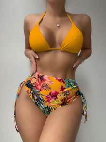 SHEIN Swim Summer Beach Tropical Print Bikini Set Halter Triangle Bra Top & High Waist Bikini Bottom & Kimono 3 Pieces Bikini - Multicolor - View 5
