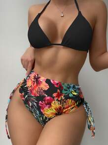 SHEIN Swim Summer Beach Tropical Print Bikini Set Halter Triangle Bra Top & High Waist Bikini Bottom & Kimono 3 Pieces Bikini - Multicolor - View 4