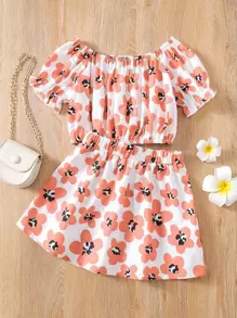 小女童滿版印花泡泡袖上衣和裙子 - 彩色 - 查看 1