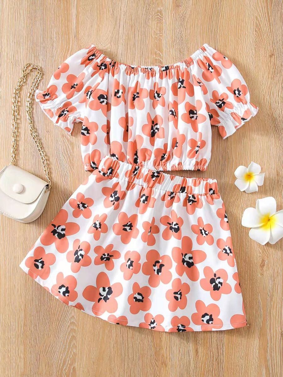 小女童滿版印花泡泡袖上衣和裙子 - 彩色 - 查看 1