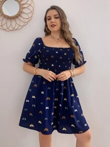 SHEIN LUNE 大碼蝴蝶圖案泡泡袖打褶A字洋裝 - 藏蓝色 - 查看 6