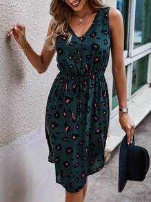 SHEIN LUNE Leopard Print Tie Front Fake Button Dress - Dark Green - View 1