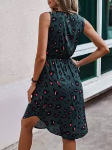 SHEIN LUNE Leopard Print Tie Front Fake Button Dress - Dark Green - View 2