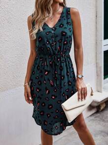 SHEIN LUNE Leopard Print Tie Front Fake Button Dress - Dark Green - View 3