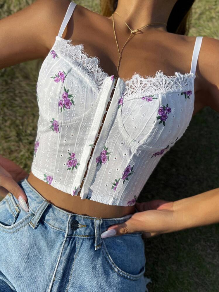 SHEIN Unity Floral Print Lace Trim Cami Top Corset Top | SHEIN USA